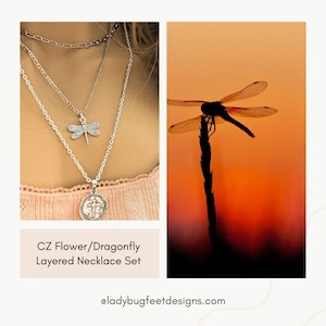 CZ Flower/Dragonfly Cross Layered Necklace Set, Silver - - LadybugfeetDesigns -