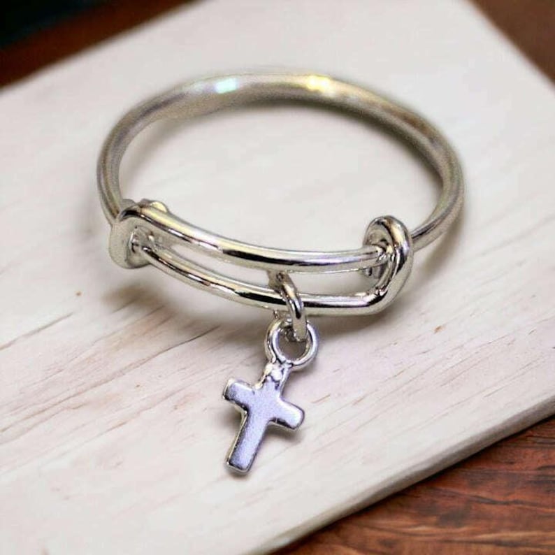 Tiny Cross Expandable Charm Ring, Silver - - LadybugfeetDesigns -