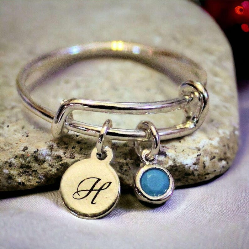 Expandable Initial & Birthstone Charm Ring,Gift for her - - LadybugfeetDesigns -