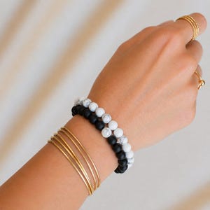 White Howlite and Black Wood Bead Couple's Bracelet, Distance Bracelets SET, Unisex - - LadybugfeetDesigns -
