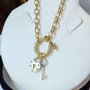 Heart Lock and Key Shackle Clasp Carabiner Necklace, Gold - Adjusts up to 20 inches - - LadybugfeetDesigns -