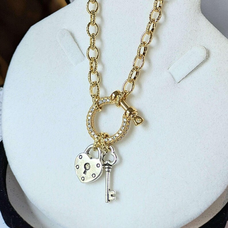 Heart Lock and Key Shackle Clasp Carabiner Necklace, Gold - Adjusts up to 20 inches - - LadybugfeetDesigns -