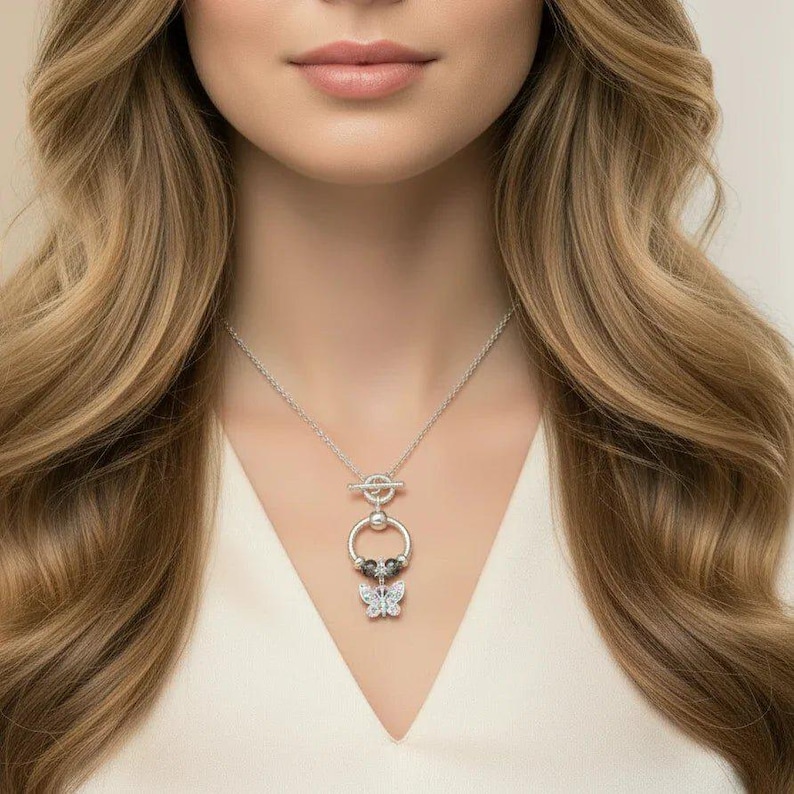 Butterfly Sterling Silver Toggle Charm Necklace, 20 inches - - LadybugfeetDesigns -