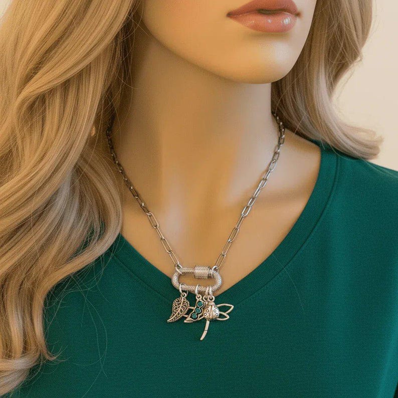 Large Dragonfly, Garden Friends Carabiner Necklace, Silver - 20 inch - - LadybugfeetDesigns -