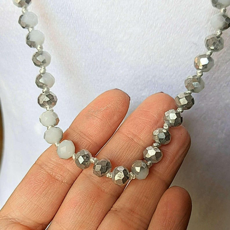 Silver White Crystal Knotted Necklace -36 inch - - LadybugfeetDesigns -