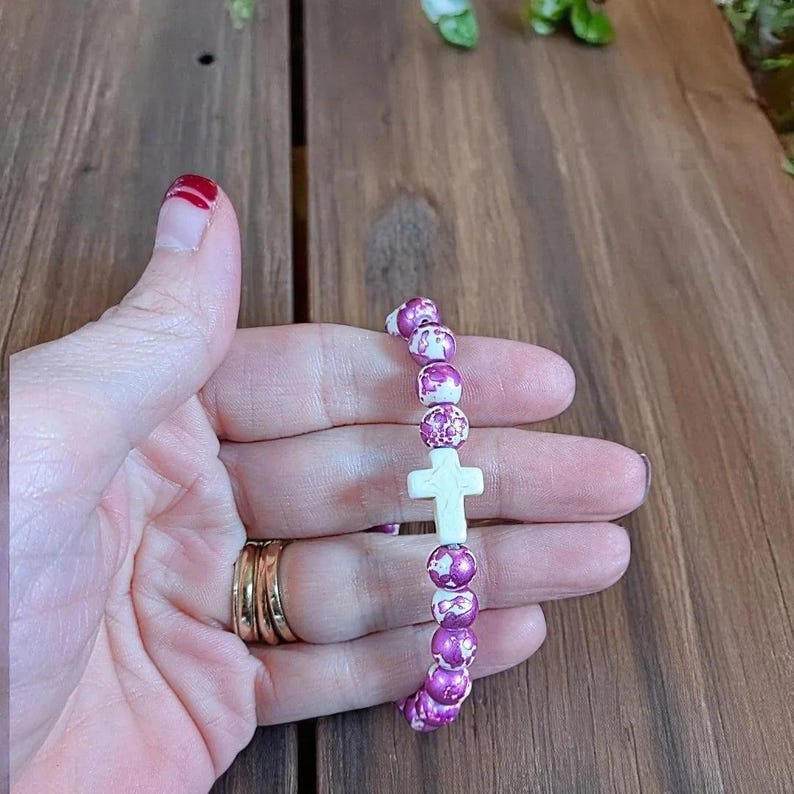 Mauve Ivory Beaded Cross Stretch bracelet - - LadybugfeetDesigns -