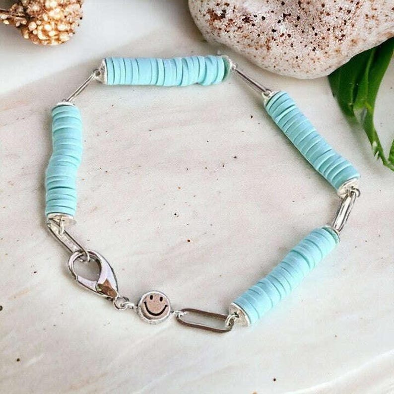 Aqua Blue Smiley Stainless Steel Paperclip Chain Bracelet - - LadybugfeetDesigns -