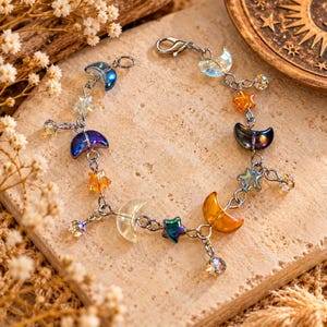Celestial Moon Star Crystal Bead Bracelet, Silver - - LadybugfeetDesigns -