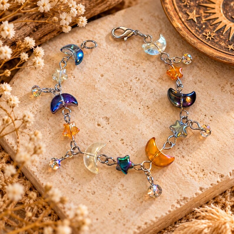 Celestial Moon Star Crystal Bead Bracelet, Silver - - LadybugfeetDesigns -