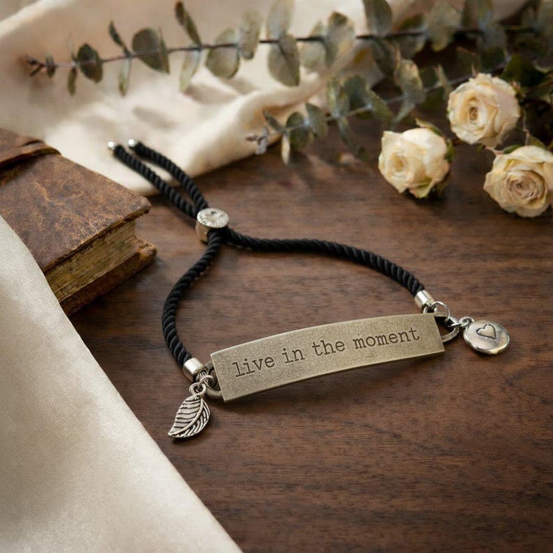 Live in the Moment, Inspirational Quote Twisted rope bolo Bracelet - - LadybugfeetDesigns -