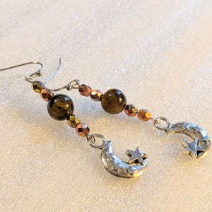 Crescent Moon Tiger's Eye Beaded Hook Earrings, Silver - - LadybugfeetDesigns -