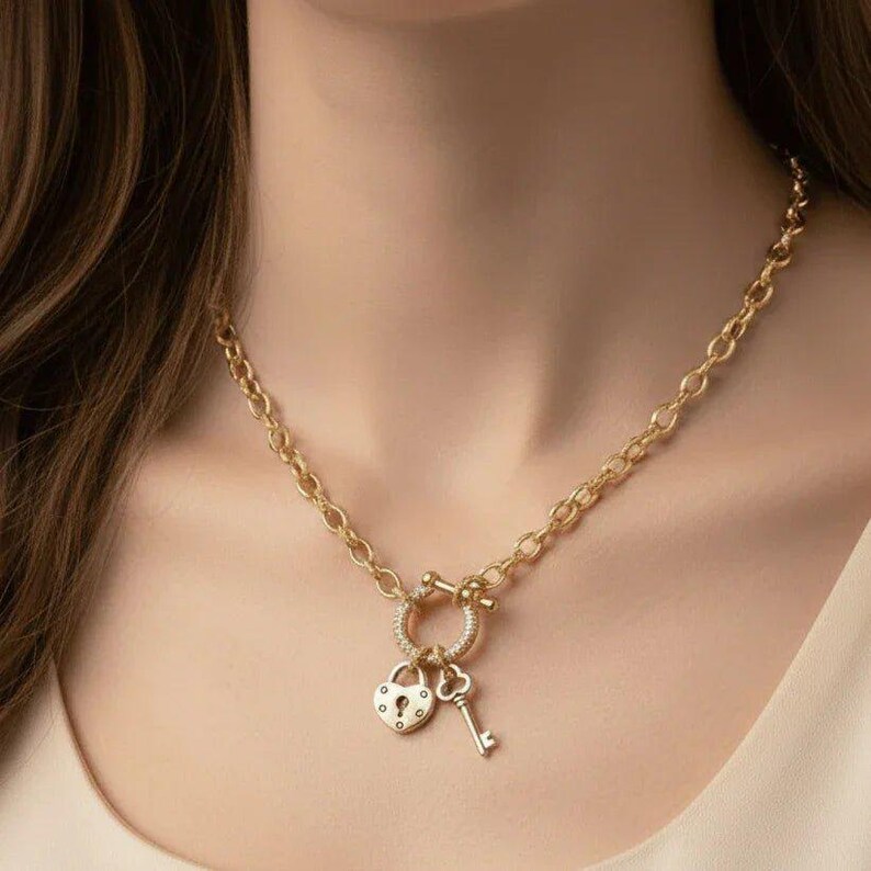 Heart Lock and Key Shackle Clasp Carabiner Necklace, Gold - Adjusts up to 20 inches - - LadybugfeetDesigns -