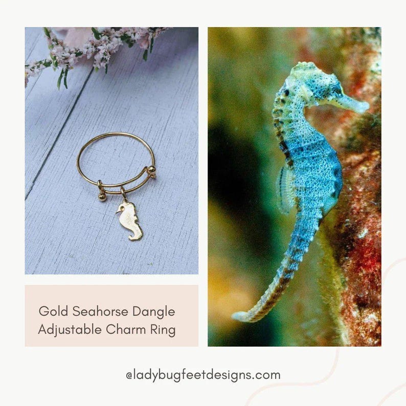 Tiny Seahorse Dangle Adjustable Charm Ring- Gold - - LadybugfeetDesigns -