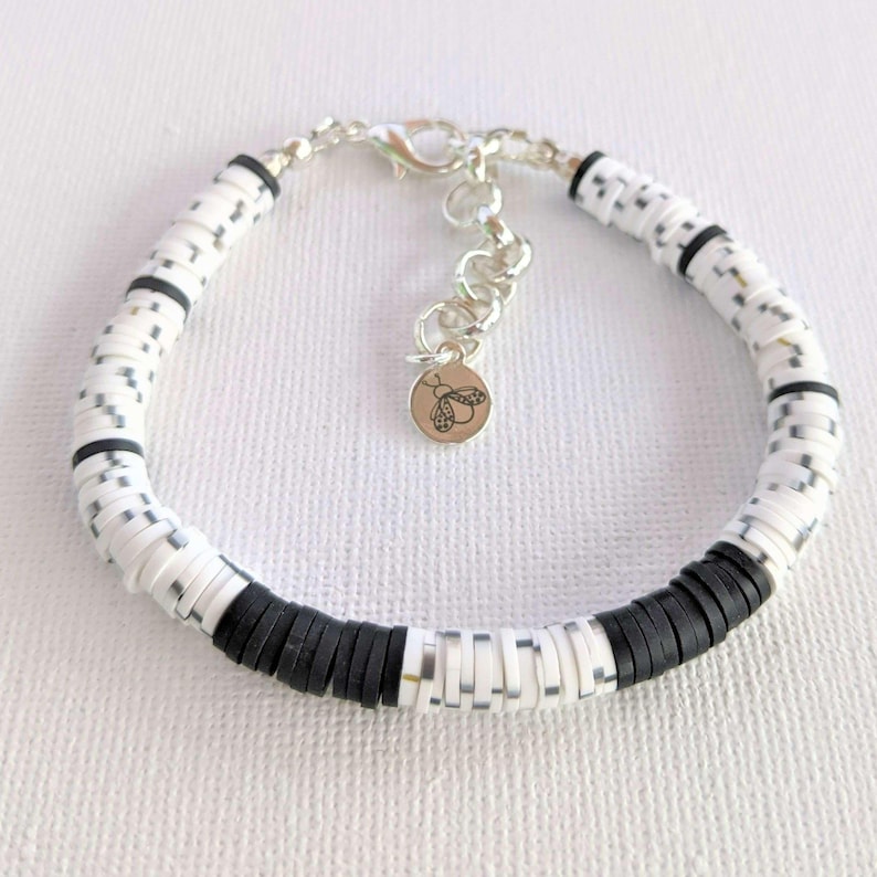 Black, Salt & Pepper Heishi Clay Disc Bracelet - - LadybugfeetDesigns -