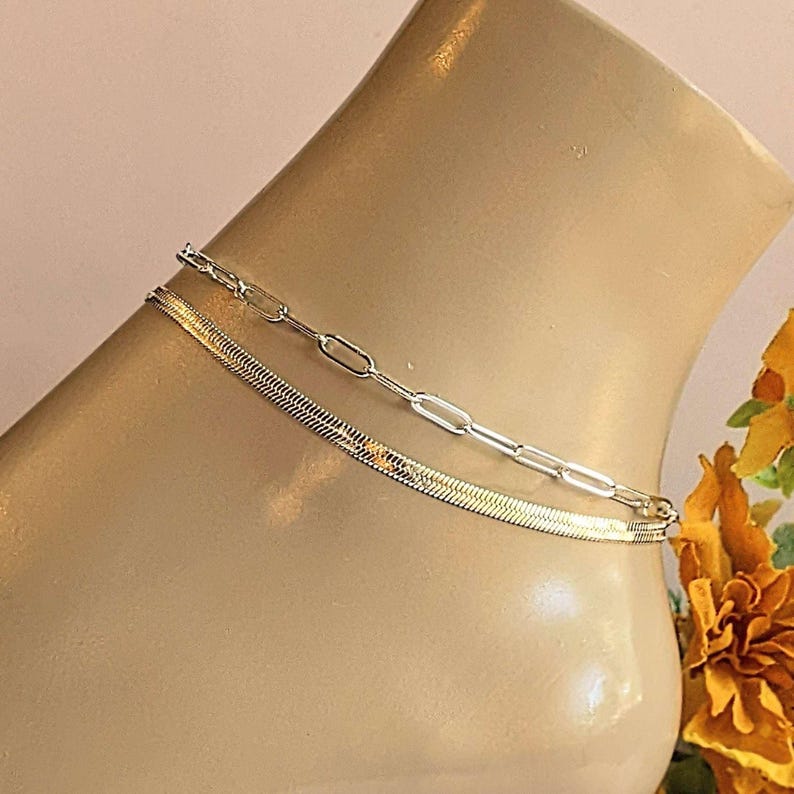 Silver Herringbone Chain Anklet - - LadybugfeetDesigns -
