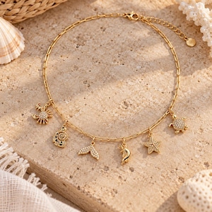 Ocean Lover Multi Charm Link Necklace, Gold- 20 inch - - LadybugfeetDesigns -