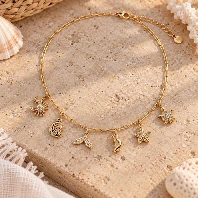 Ocean Lover Multi Charm Link Necklace, Gold- 20 inch - - LadybugfeetDesigns -