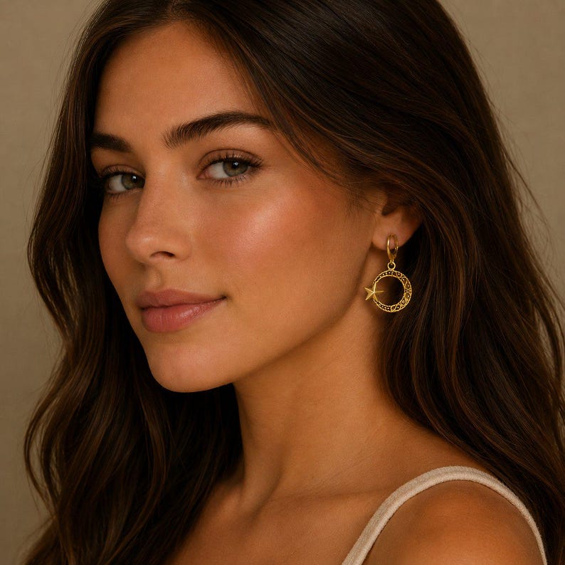 Fancy Crescent Moon Star Leverback Hoop Earrings, Gold - - LadybugfeetDesigns -