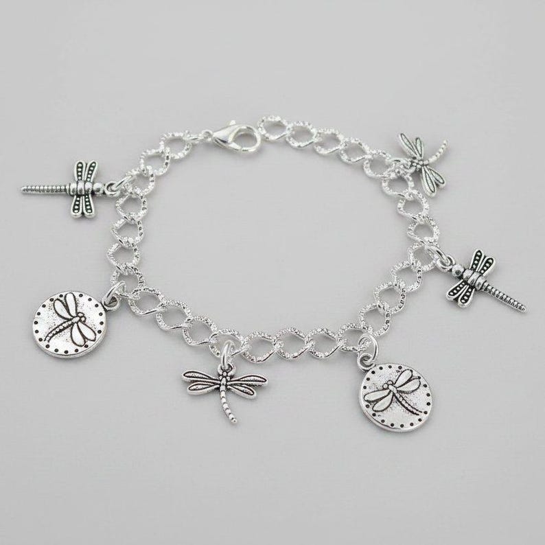 Silver Dragonfly Charm Bracelet - - LadybugfeetDesigns -