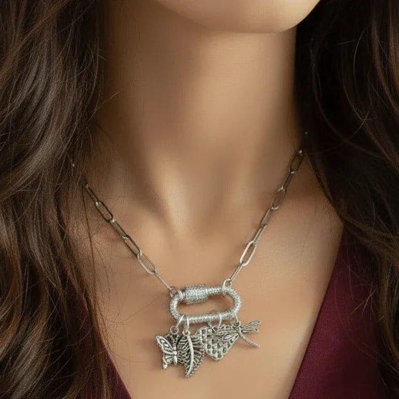 Nature & Love Carabiner Necklace, Silver - 20 inch - - LadybugfeetDesigns -