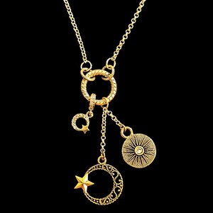 Crescent Moon Star Charm Keeper Necklace, Gold - 18 - 24 inches - - LadybugfeetDesigns -