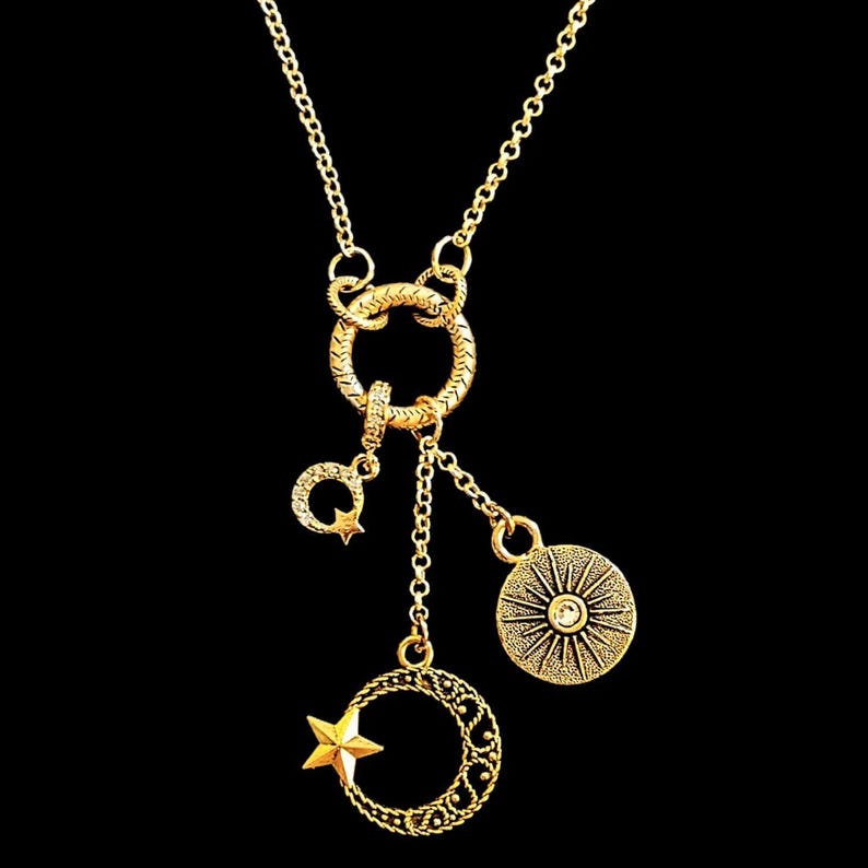Crescent Moon Star Charm Keeper Necklace, Gold - 18 - 24 inches - - LadybugfeetDesigns -