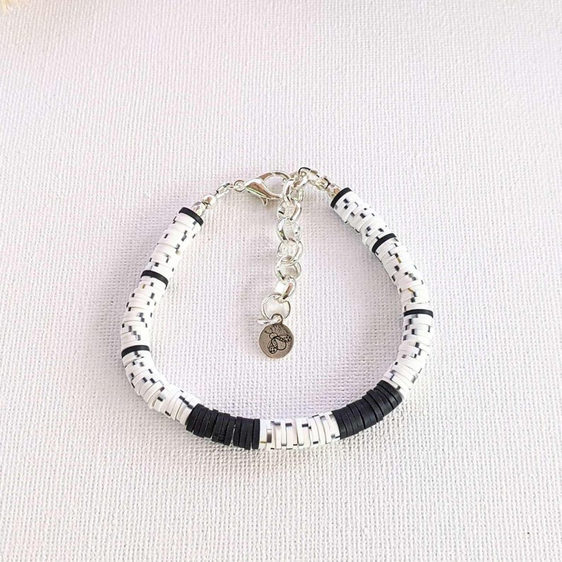 Black, Salt & Pepper Heishi Clay Disc Bracelet - - LadybugfeetDesigns -