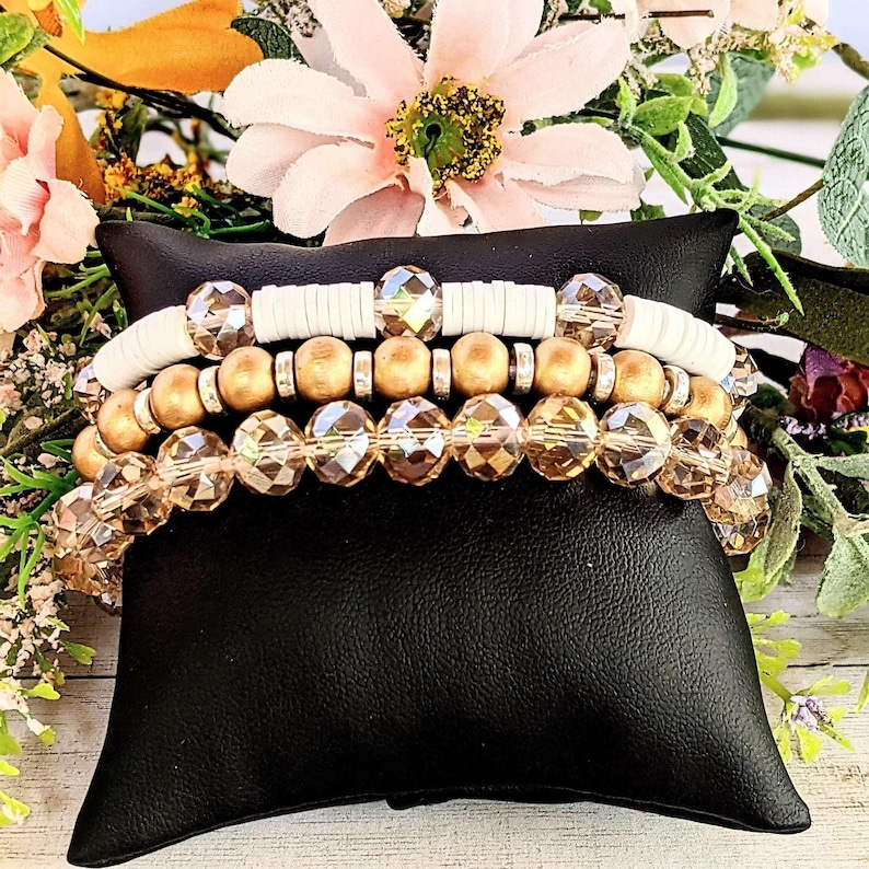 Cream & Crystals Stretch Bracelet Stack - - LadybugfeetDesigns -