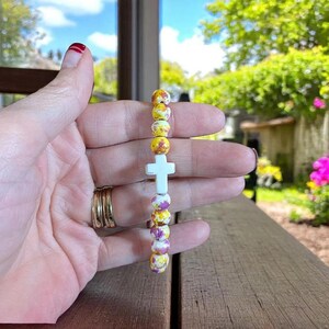 Yellow Fuchsia Beaded Cross Stretch bracelet - - LadybugfeetDesigns -