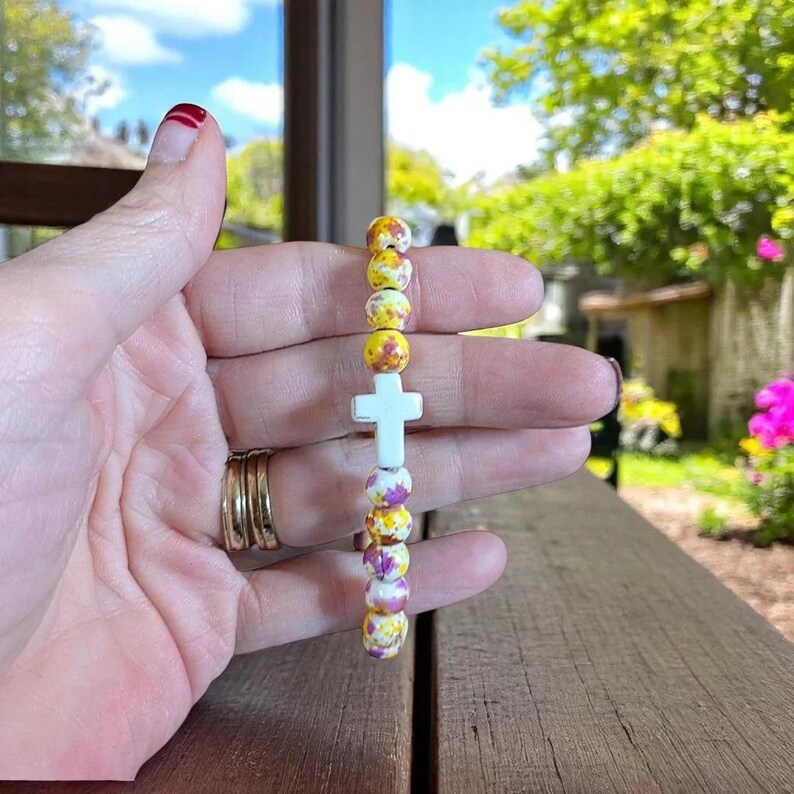Yellow Fuchsia Beaded Cross Stretch bracelet - - LadybugfeetDesigns -