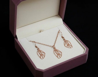 Butterfly/Fairy Wing Rose Gold necklace/earrings set, 18 inch