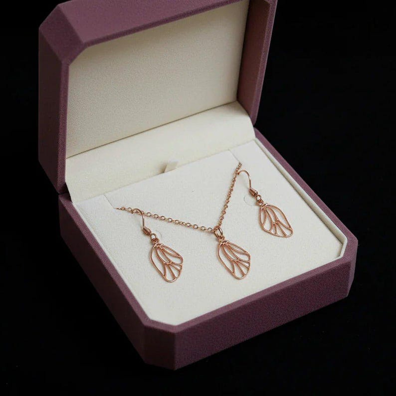 Butterfly/Fairy Wing Rose Gold necklace/earrings set, 18 inch - - LadybugfeetDesigns -