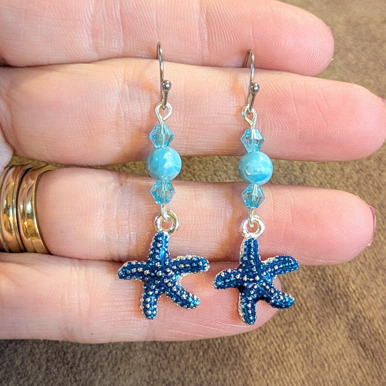 Blue Starfish Larimar Beaded Hook Earrings, Silver - - LadybugfeetDesigns -