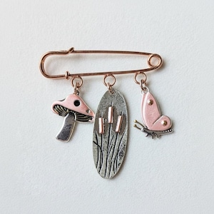 Whimsical Nature Safety Pin Brooch, Purse Charm, Rose Gold - - LadybugfeetDesigns -