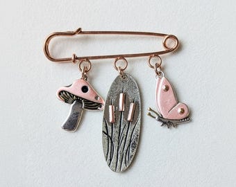 Whimsical Nature Safety Pin Brooch, Purse Charm, Rose Gold