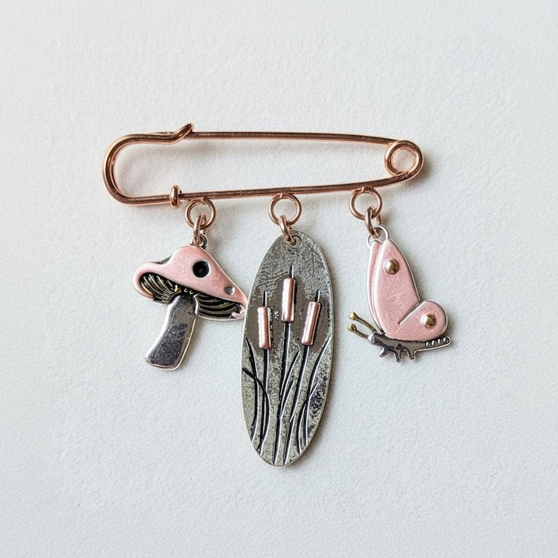 Whimsical Nature Safety Pin Brooch, Purse Charm, Rose Gold - - LadybugfeetDesigns -