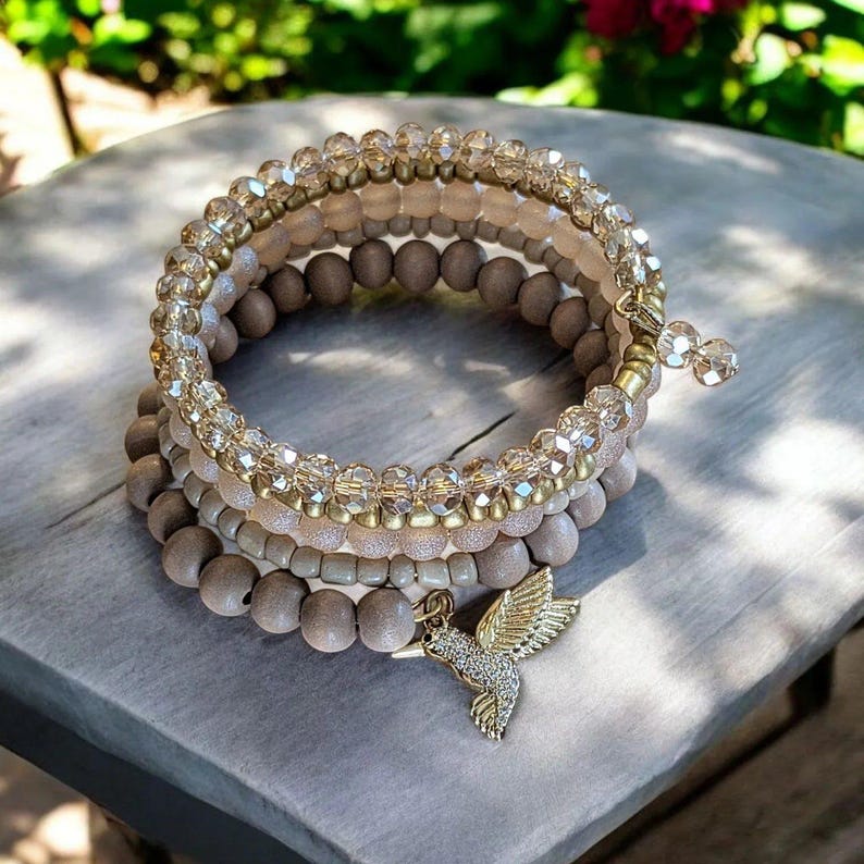 Hummingbird Crystal Beaded Gold Wrap Bracelet - - LadybugfeetDesigns -