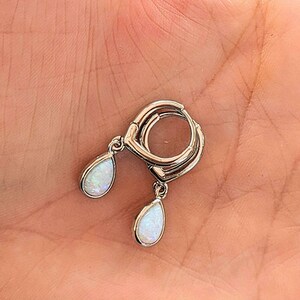 Opal Huggie Hoop earrings, 15mm Hoop Drop, Silver/Gold - - LadybugfeetDesigns -