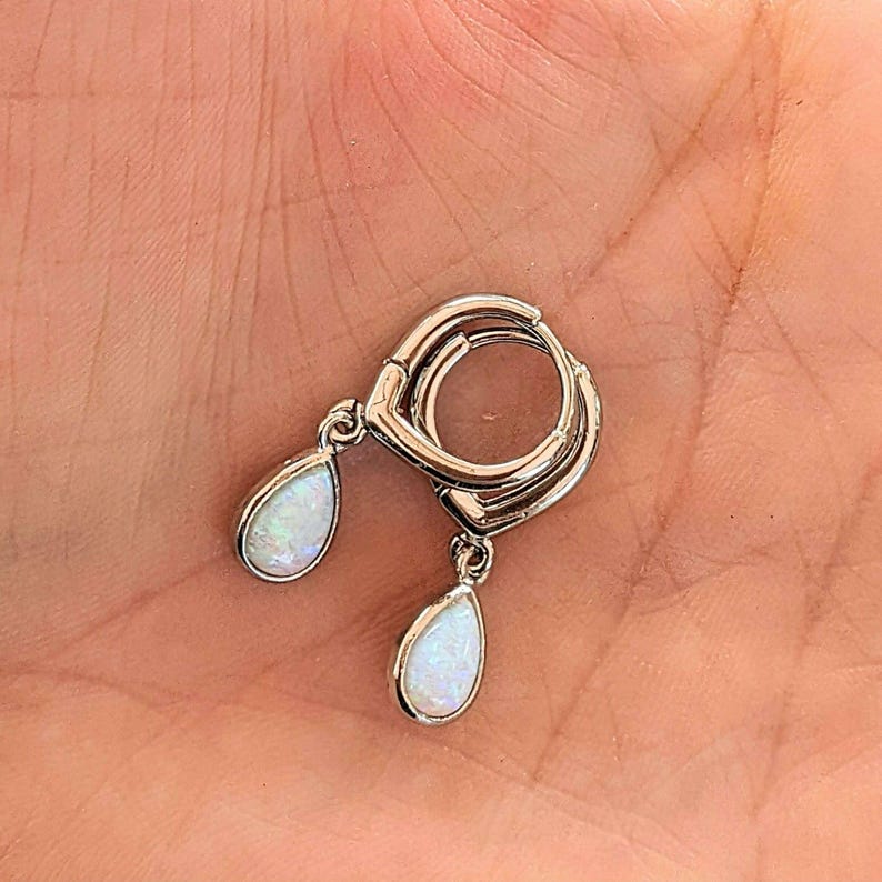 Opal Huggie Hoop earrings, 15mm Hoop Drop, Silver/Gold - - LadybugfeetDesigns -