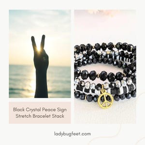 Black Crystal Peace Sign Stretch Bracelet Stack - - LadybugfeetDesigns -