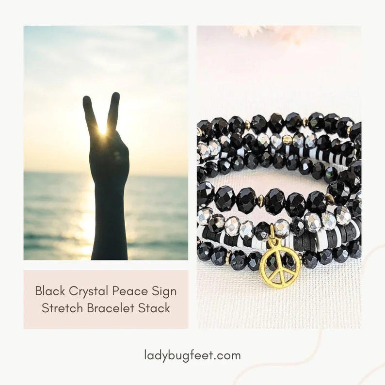 Black Crystal Peace Sign Stretch Bracelet Stack - - LadybugfeetDesigns -