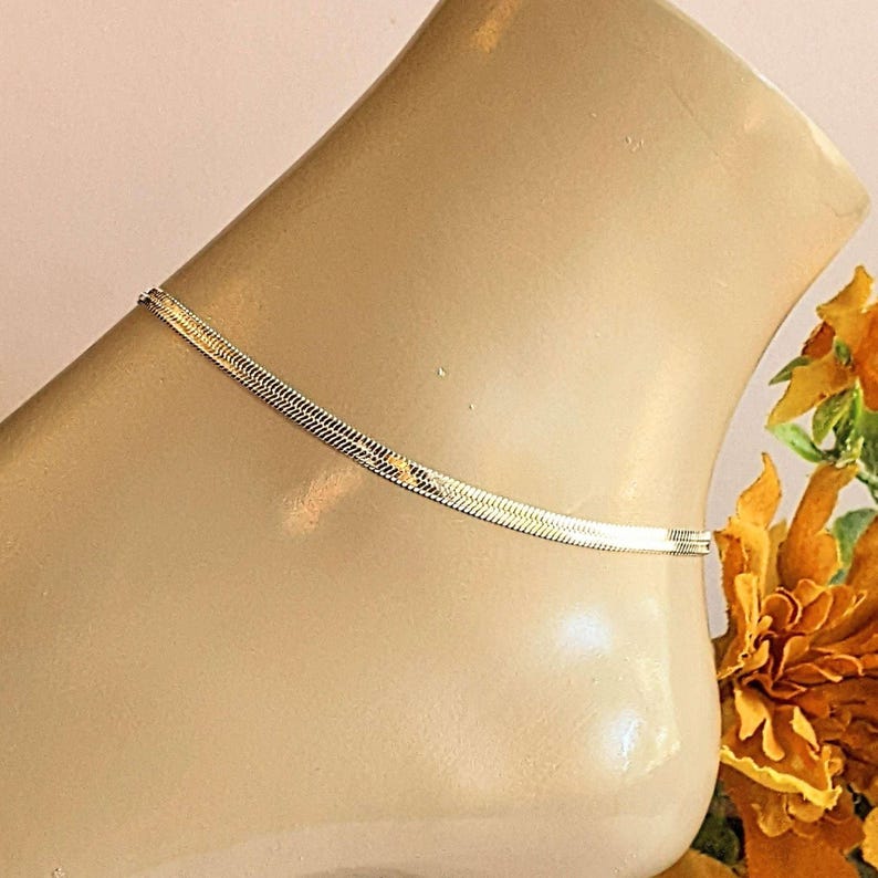 Silver Herringbone Chain Anklet - - LadybugfeetDesigns -