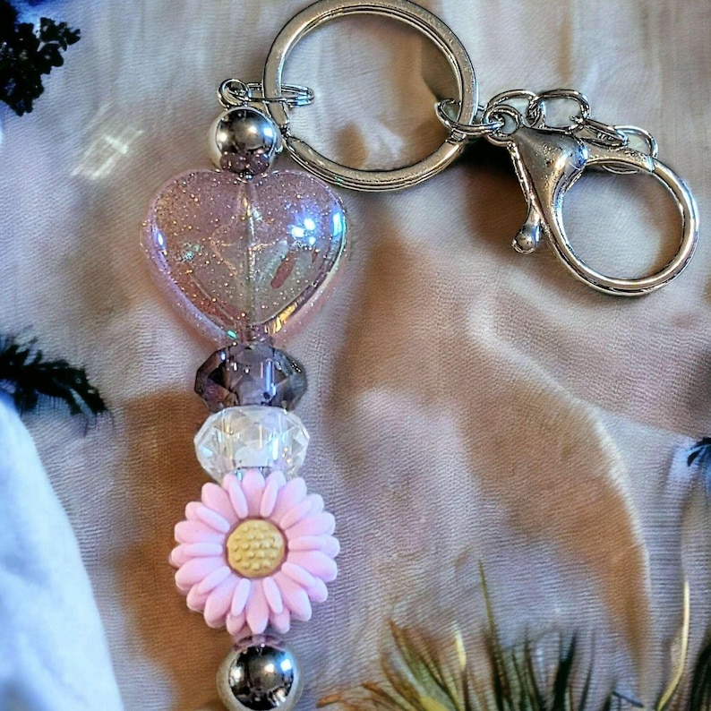 Heart & Flower Crystal Keychain/Purse Clip - - LadybugfeetDesigns -