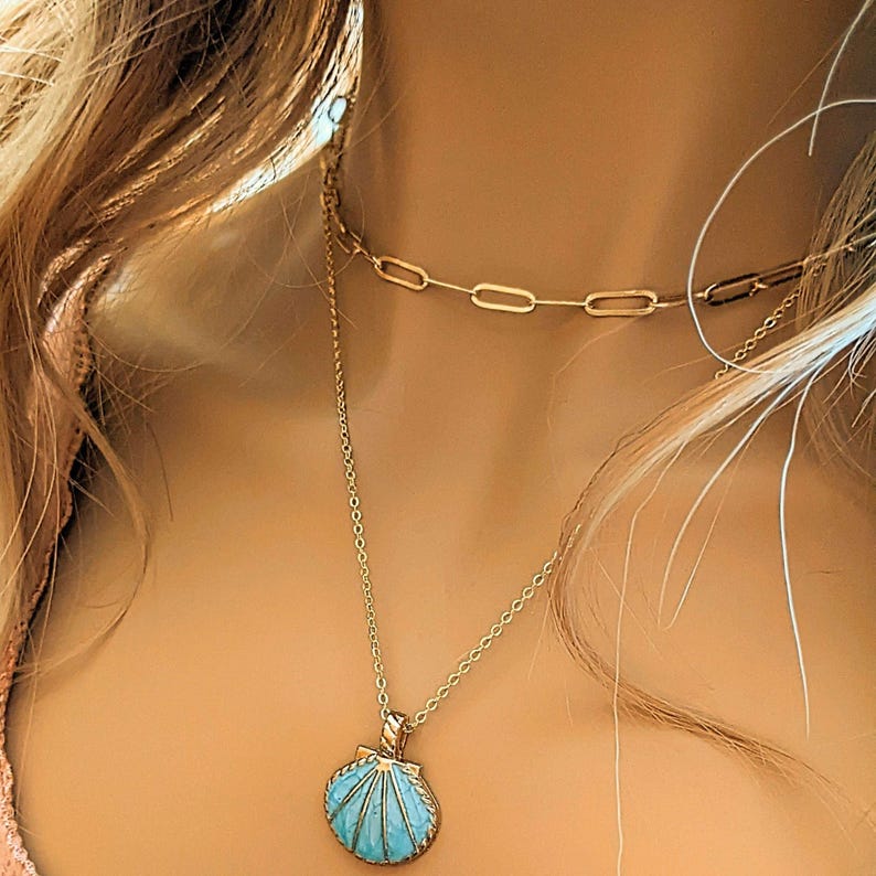 Blue Scallop Shell necklace set, Gold - - LadybugfeetDesigns -