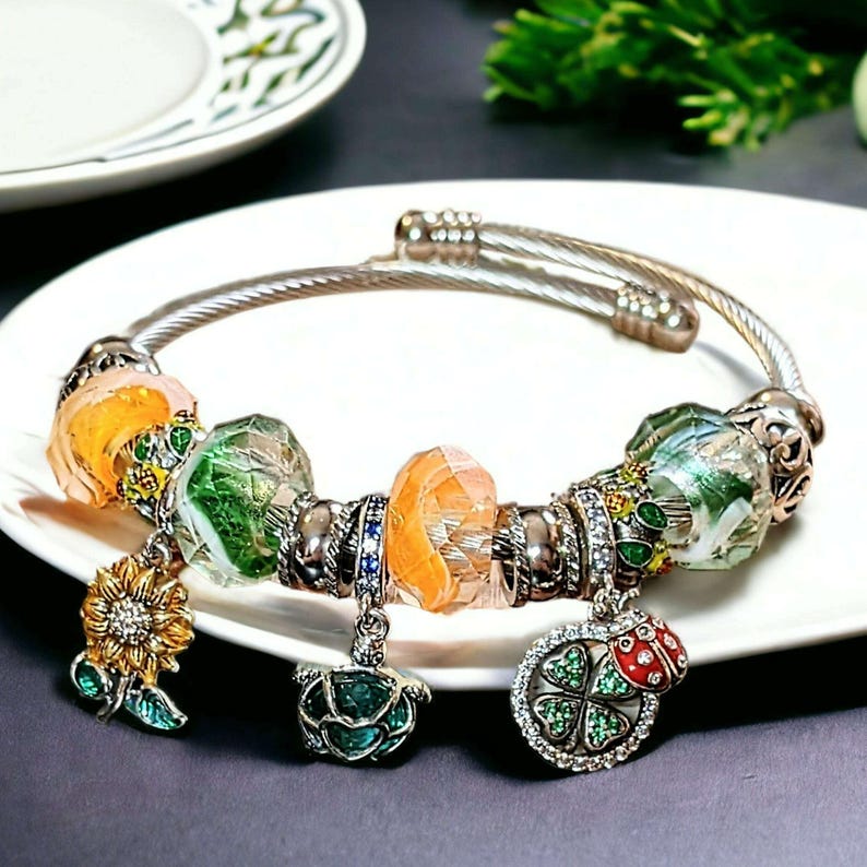Garden Party Euro Cuff Wrap Bracelet, Silver - - LadybugfeetDesigns -
