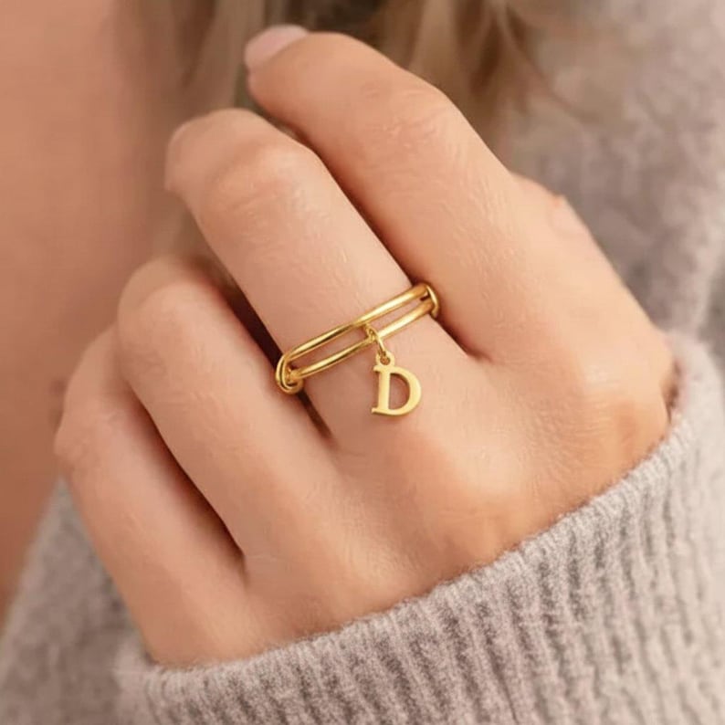 14k Gold Filled Initial Charm Ring/Gift for her - - LadybugfeetDesigns -
