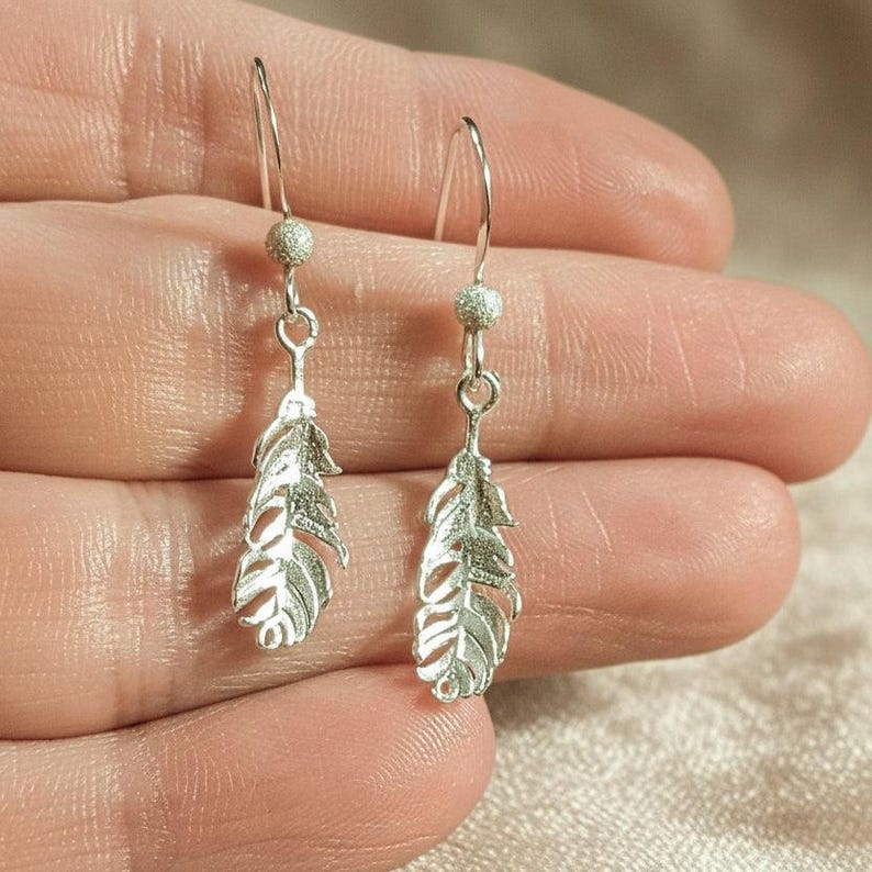 Feather Sterling Silver dangle earrings - - LadybugfeetDesigns -