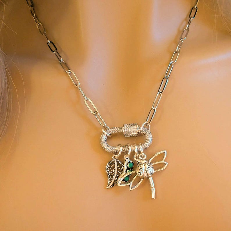 Large Dragonfly, Garden Friends Carabiner Necklace, Silver - 20 inch - - LadybugfeetDesigns -