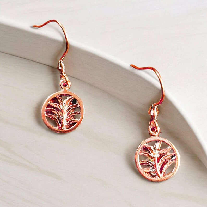 Palm Leaf Rose Gold dangle earrings - - LadybugfeetDesigns -