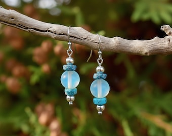 Turquoise/Blue Rainbow Glass Beaded Hook Earrings